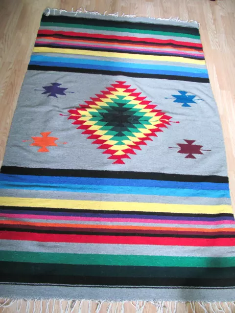 Mexican Wool Blanket Southwest Rug Bright Stripes Design Camp 75” x 47” Vintage