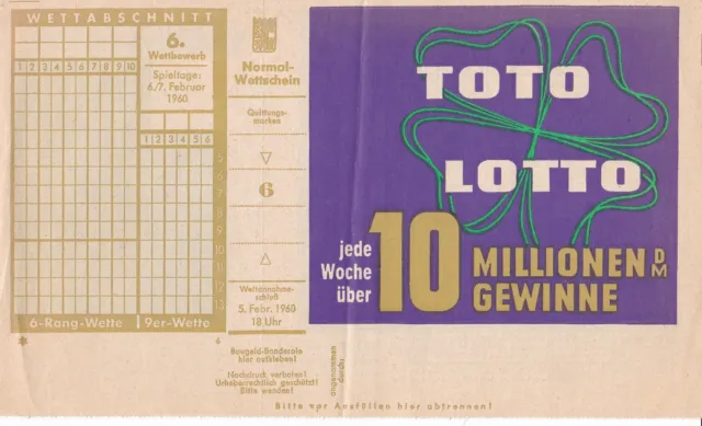 Alter Wettschein + Bayerischer Fussball-Toto + 6. Wettbewerb 1960