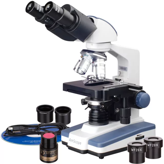 AmScope 40X-2000X Binocular Compound LED Microscope + USB Camera +3D Stage