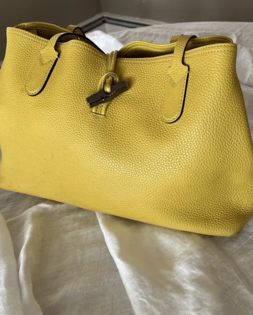 Longchamp Medium Roseau Tote Bag Goldenrod Yellow Pebbled Leather
