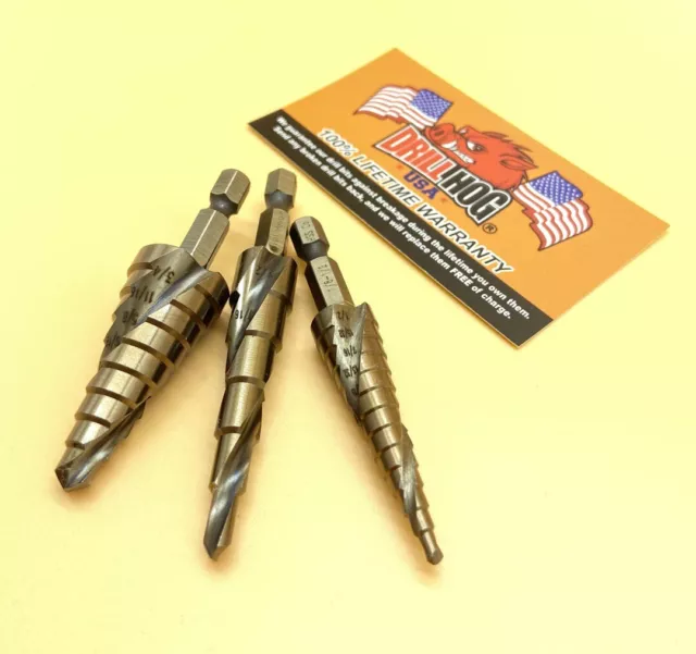 3 Pc Step Drill Bit SPIRAL FLUTE Cobalt M42 UNIBIT Drill Hog Lifetime Warranty