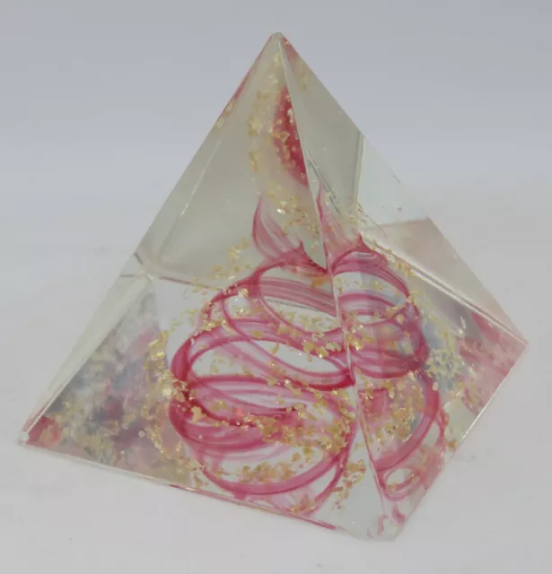 . Clear glass vintage Art Deco antique pink & gold swirl pyramid paperweight