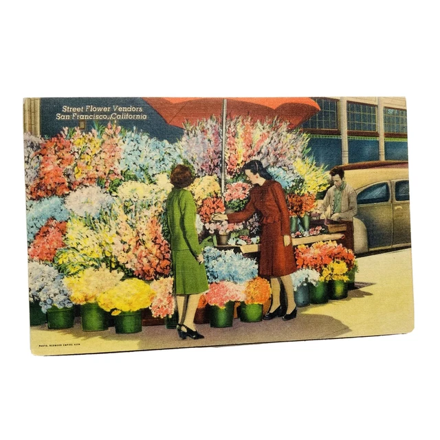 San Francisco California CA Street Flower Vendors Linen Vintage Postcard
