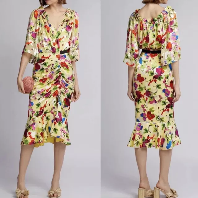 SALONI Womens Dress Size 2 Yellow Floral Midi Ruffle Ruched OLIVIA POPPY $650