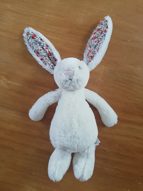 Doudou Peluche Jellycat Lapin Blanc Tissu Fleur Liberty Nez Rose