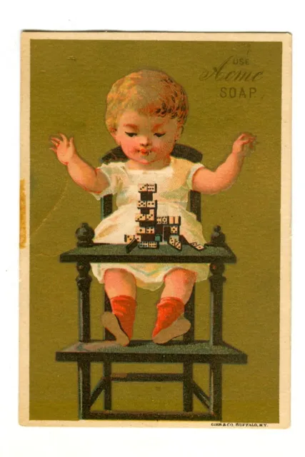 Antique 1880s USE ACME SOAP Victorian Trade Card! Baby in High Chair w Dominoes!