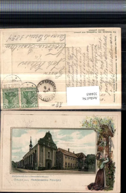 324465,Präge Litho Gruß aus Hardenberg-Neviges Kirche Kloster Frau in Tracht Weg