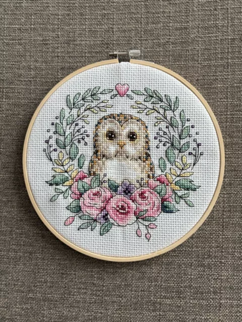 Finished Completed Cross Stitch- “Owl”- Framed 8” Round