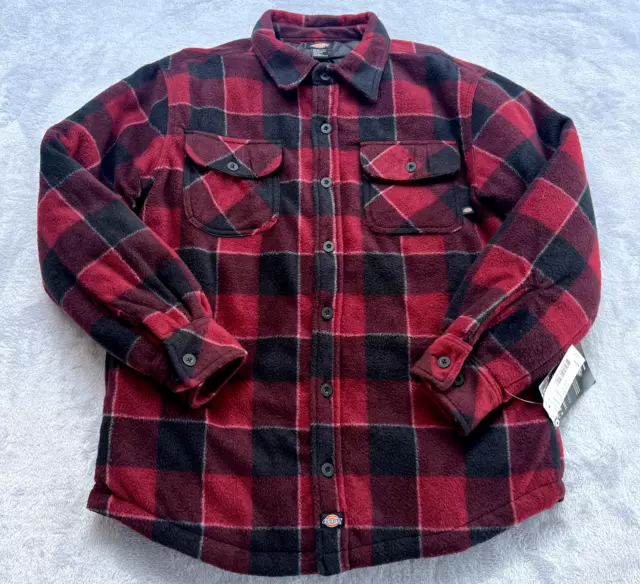 NWT Dickies Mens Medium Flannel Check Red Shirt Jacket Fleece Quilt Lined Padded