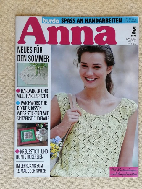 BURDA ANNA Spaß an Handarbeiten 5/92 Sticken Häkeln Stricken Occhispitze-Lehrg. 