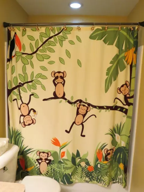 Bed Bath & Beyond Exclusive Motion Monkey Fabric Full Sz Shower Curtain & Hooks