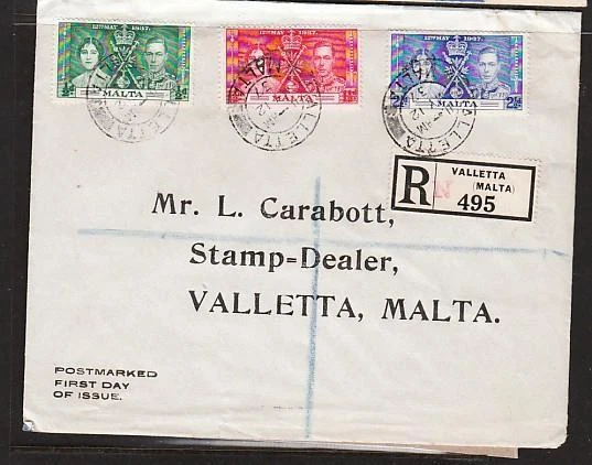 MALTA 1937 KGVI CORONATION Sc 188-90 FDC