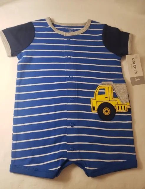 Carters Baby Boy Blue Striped Truck Romper - Infant Size 3 Months - New