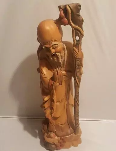 Chinese HandCarved Painted BoxWood Statue Shou Lao God Of Longevity 15" High
