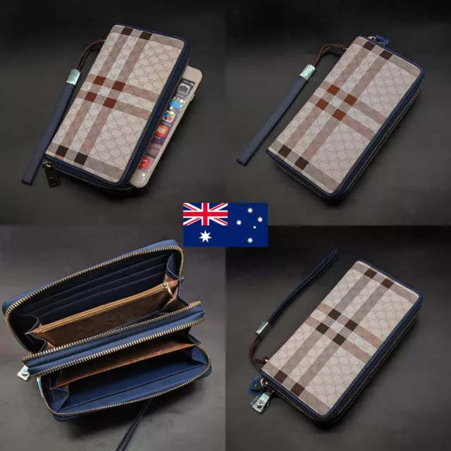 Genuine Leather Wristlet Womens Double Zip Wallet For iPhone Samsung Android