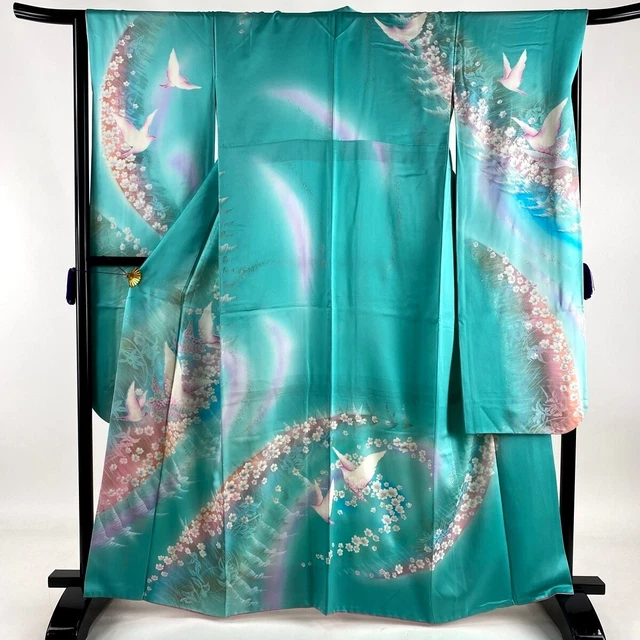 Japanese kimono SILK"FURISODE" long sleeves, Gold/Silver/Lame, Birds, L 64".2737