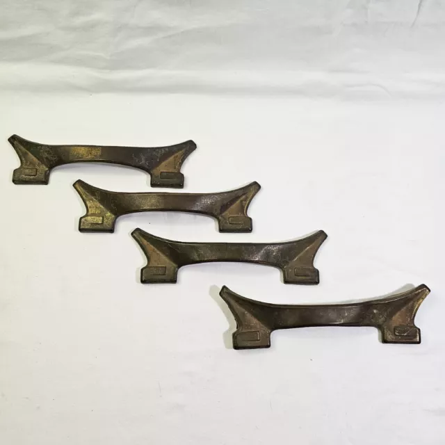 Original Set 4 Vintage Brass Furniture Handles Drawer Pulls Art Deco 7” x 2"