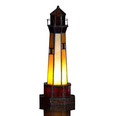 Tiffany Style Large Amber Red Stained Glass Lighthouse Nautical Table Lamp