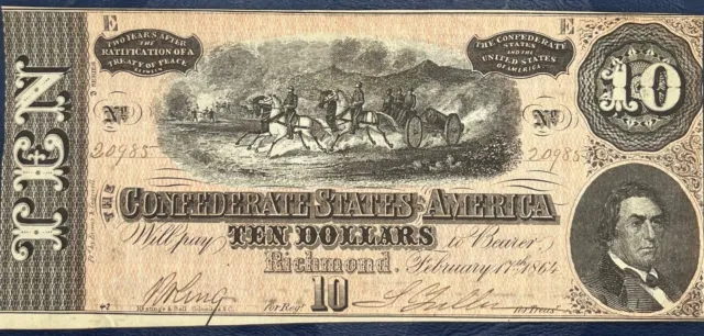 1864 $10 Confederate States Richmond Au+