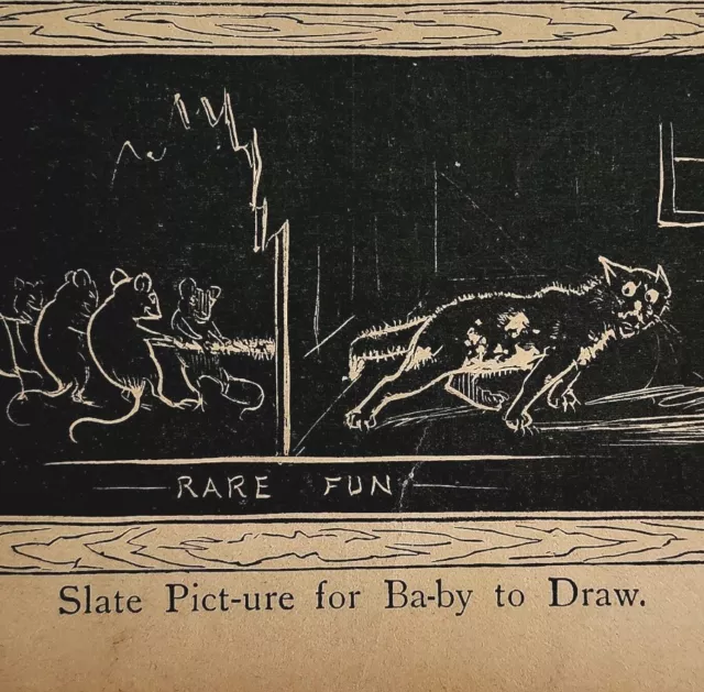 1872 Cat and Mouse Humor Slate Chalkboard Pattern Victorian Art Print Antique