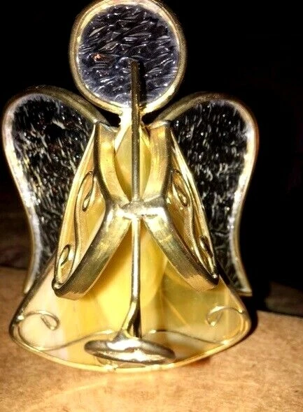 Stained Glass Gold Metal, Gold Standing Angel w/Trumpet Votive Candle Holder