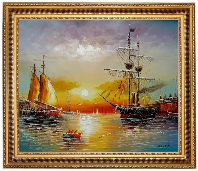 Ölbild, Segelschiffe im Hafen,Meer Sonnenuntergang HANDGEMALT Gemälde F: 50x60cm