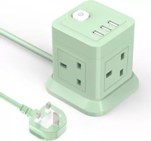 Cube Extension Lead with USB Slots, BEVA 4 Way Multi Plug Power Strip Green