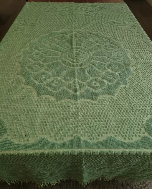 Vintage Green Chenille Bedspread Fringe 99 x 110" King Size Blanket See Hole