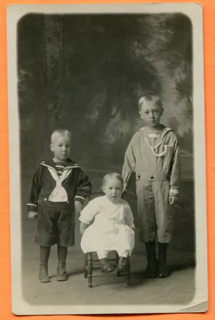 Crystal Falls, MI, Portrait of 3 Siblings, Old Real Photo Postcard ca 1910s