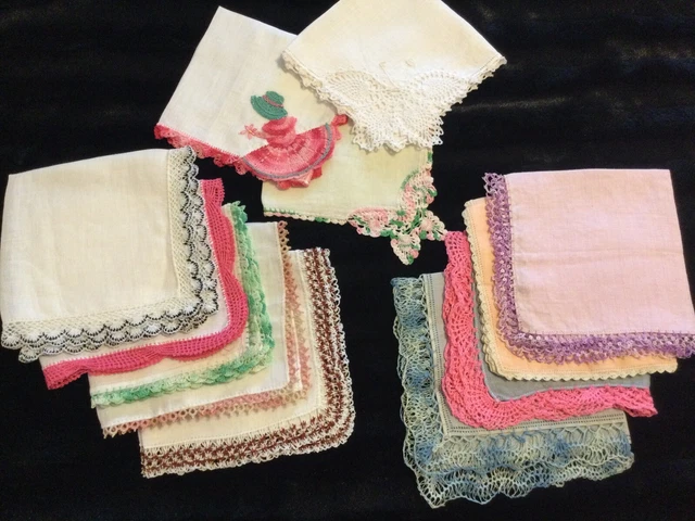 Lot of 12 Vintage Ladies Handkerchiefs Crochet Edging Tatting