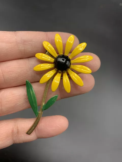 Vintage Flower Enamel Metal Pin Brooch Black Yellow