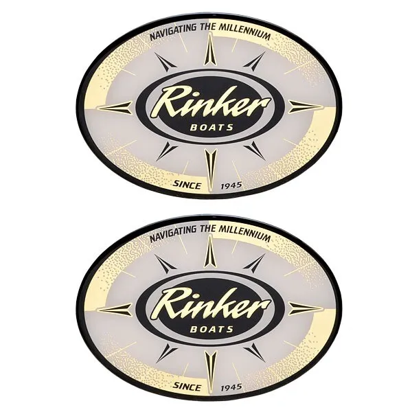 Rinker Boat Raised Decals | Gold / Black / White 6 x 4 1/4 Inch 2PC