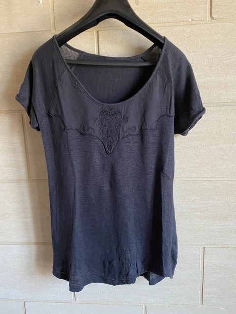 Tunique IKKS 100% Lin Bleu – Imprimé Rock Tête De Mort – Taille S – Occasion Très Bon état