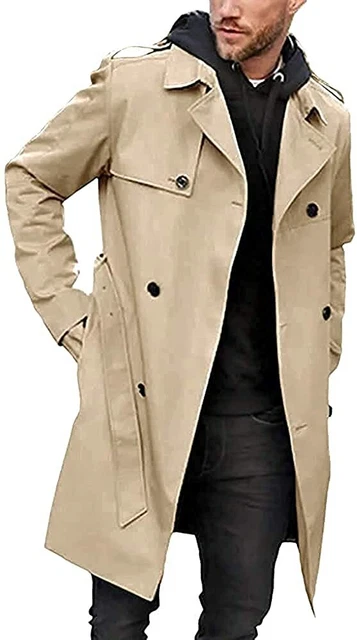 Mens Trench Coat Slim Fit Double Breasted Long Jacket Notched Lapel Belt Fall Wi