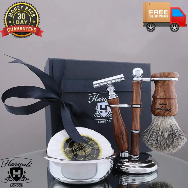 Haryali Wooden Men Shaving Set DE Safety Razor, Badger Shaving Brush Soap & Bowl