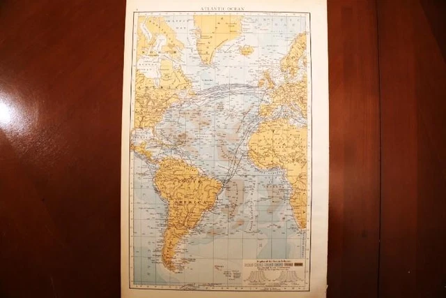 1895 Antique "The Times" Atlas Map Of The Atlantic Ocean-Excellent Detail