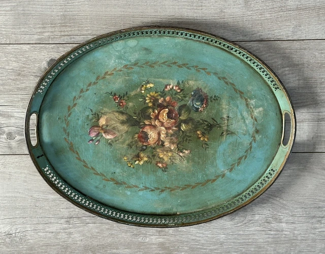 Grand Plateau En Métal Laqué Des Années 70 – Scène De Chasse à Cour – 35x50 Cm – Vintage
