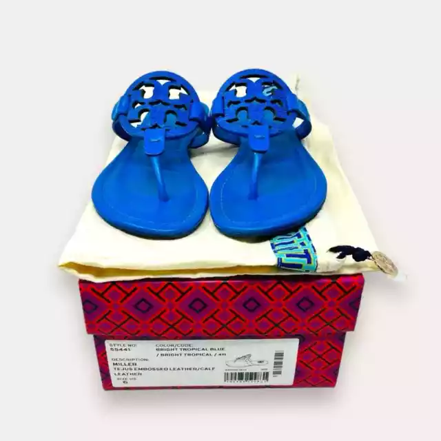 Tory Burch Tejus Embossed Leather Miller Sandal Bright Tropical Blue 6 Women’s