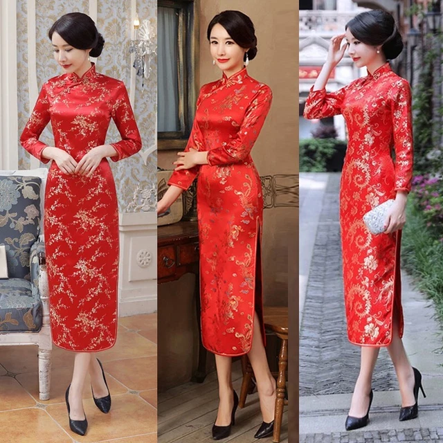 Abito Donna Cheongsam Festa Cheongsam Retro Sera Manica Lunga Stile Cinese