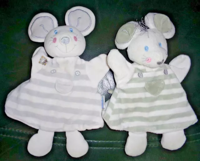 2Pa/  Lot De 2 Doudou Marionnette Souris Les Bellodoux Gris Blanc Raye Tbe