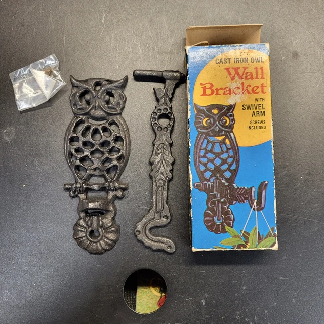 Vtg 70's Cast Iron Owl Wall Mount Swivel Arm SWAG Plant Hanger Bracket Hook