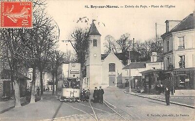 Cpa 94 Bry Sur Marne Entree Du Pays Place De L'eglise Tramway