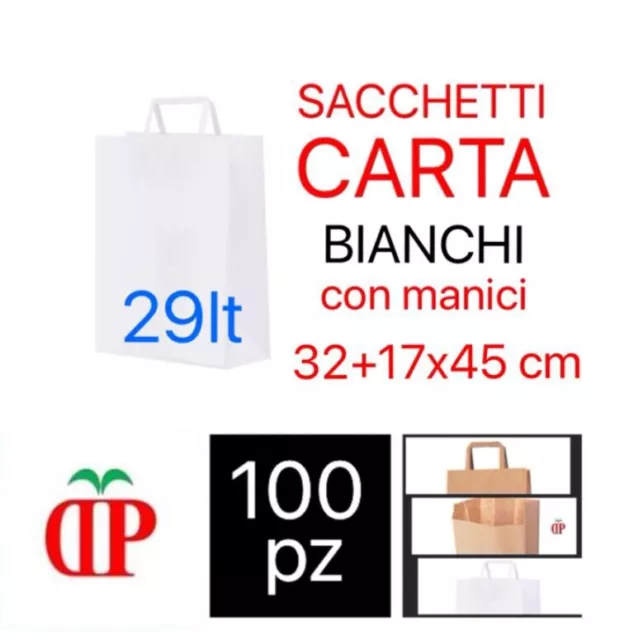 100 SACCHETTI CARTA BIANCHI CON MANICI SHOPPER BUSTE DI CARTA 32+17x45 cm 29lt