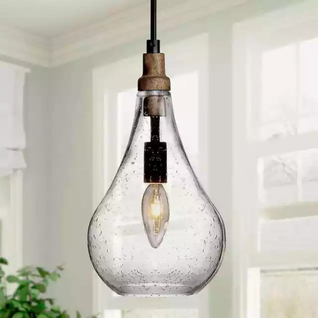 Uolfin Maya 1-Light Black Pendant Hanging Light with Seeded Teardrop Glass Shade