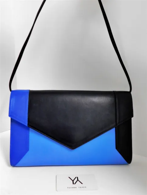 Yliana Yepez Black Blue Leather Large Envelope Clutch Shoulder Bag