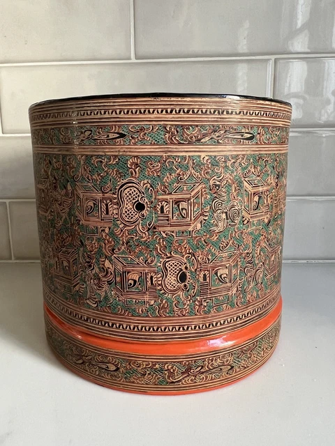 Burmese Asian Orange Lacquer Hand Painted 4 Piece Betel Box 6.5” X 7”