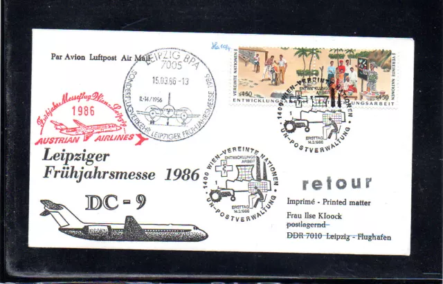 Aua Austrian Airlines Ffc Erstflug Uno Vienna - Leipzig 1986 Red Cachet