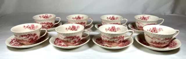 Vintage Johnson Bros Castle on the Lake Pink and Red Set of 8 Cups and 8 Saucers