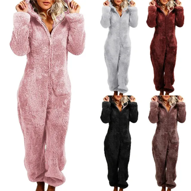 Womens Ladies Fluffy Teddy Fleece 1Onesie Cosy Hooded Pyjamas Jumpsuit Sleepwear 3