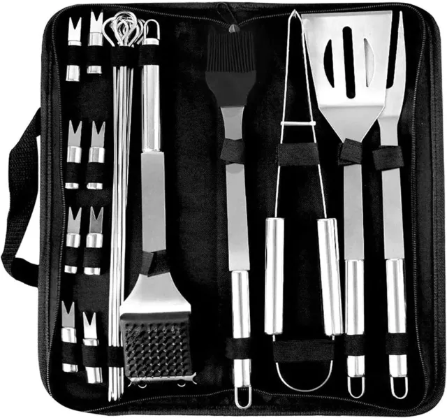 SET 20 UTENSILI BARBECUE - ATTREZZI GRILL in ACCIAIO INOX, KIT per GRIGLIA